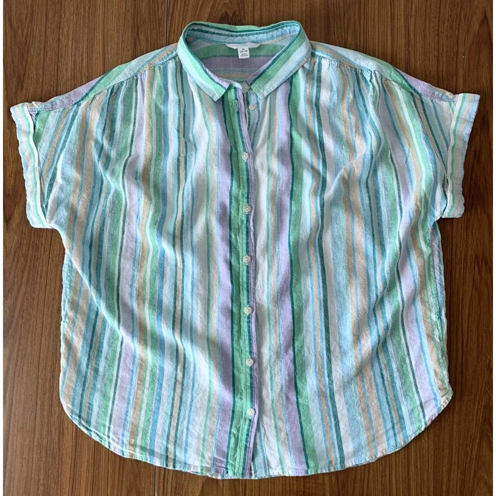 Blouse Shirt Womens XL 16-18 Linen Striped Cottagecore Vacation Time & Tru - Picture 1 of 7